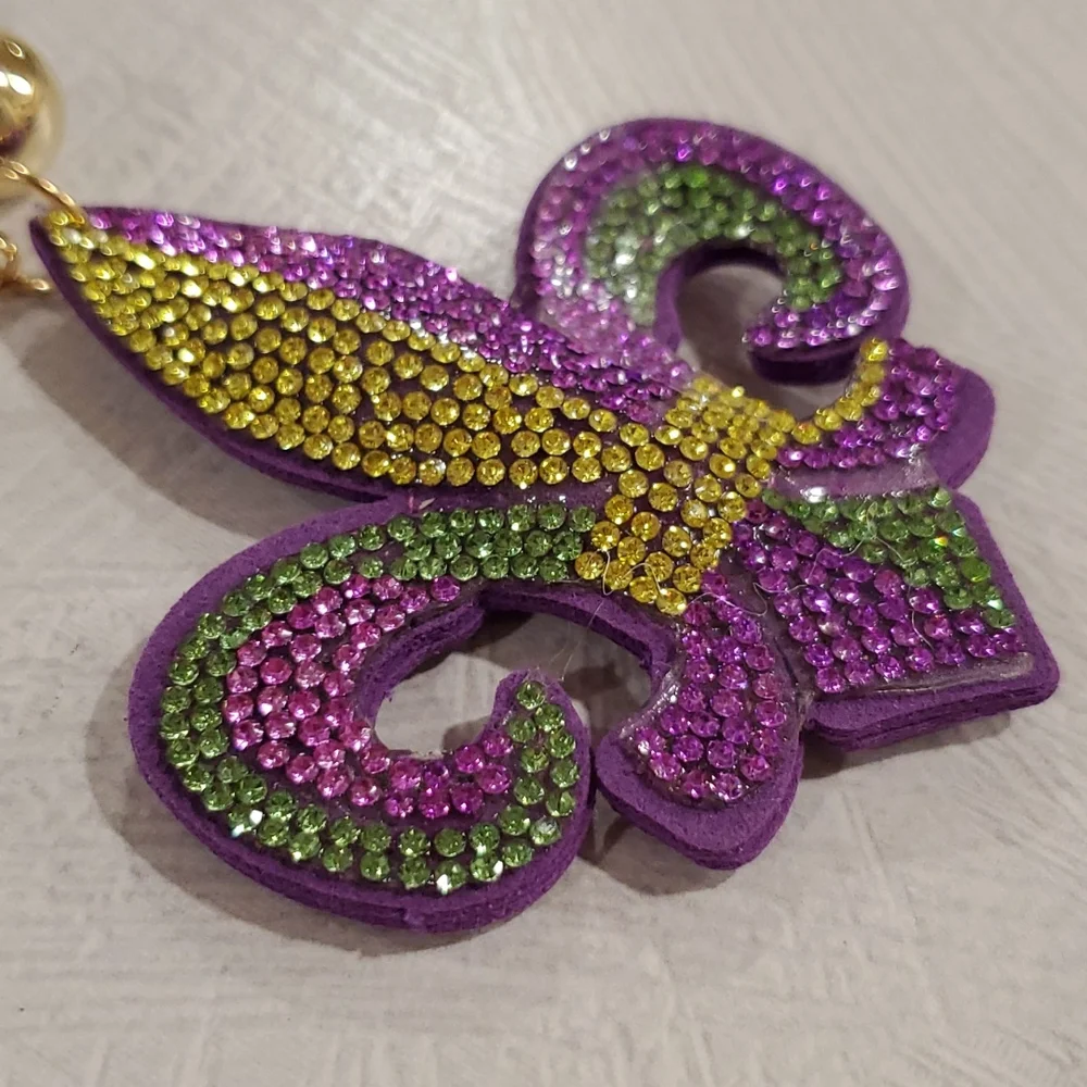 MARDI GRAS fleur-de-lis rhinestones ball tassel puffy keychain topical Easter